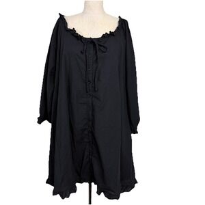 Sønderhaus Lawn Dress Black Cotton Button Ruffle Tie Neck Boho oversized L